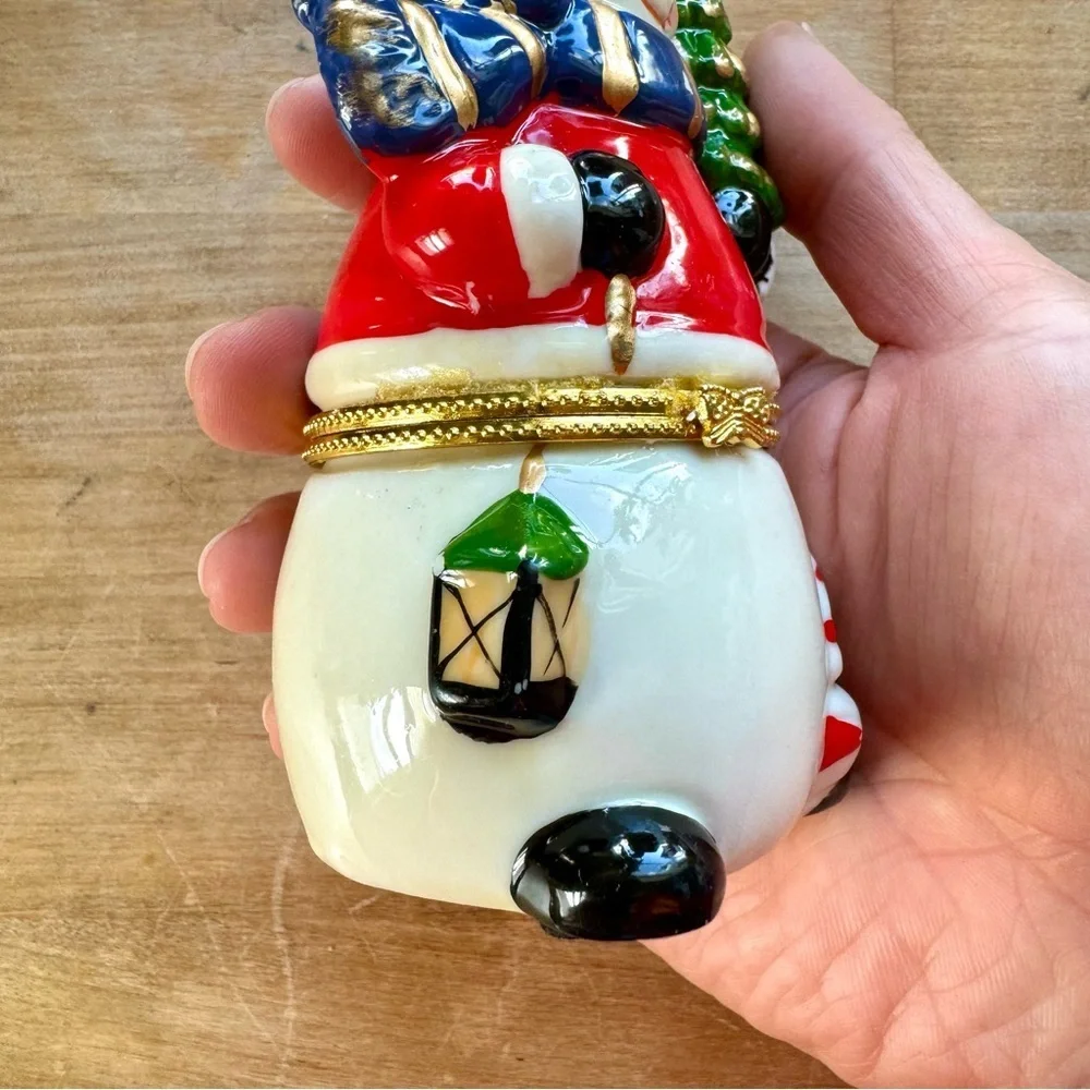 Vintage Ceramic Glazed Snowman Jewelry Trinket Box